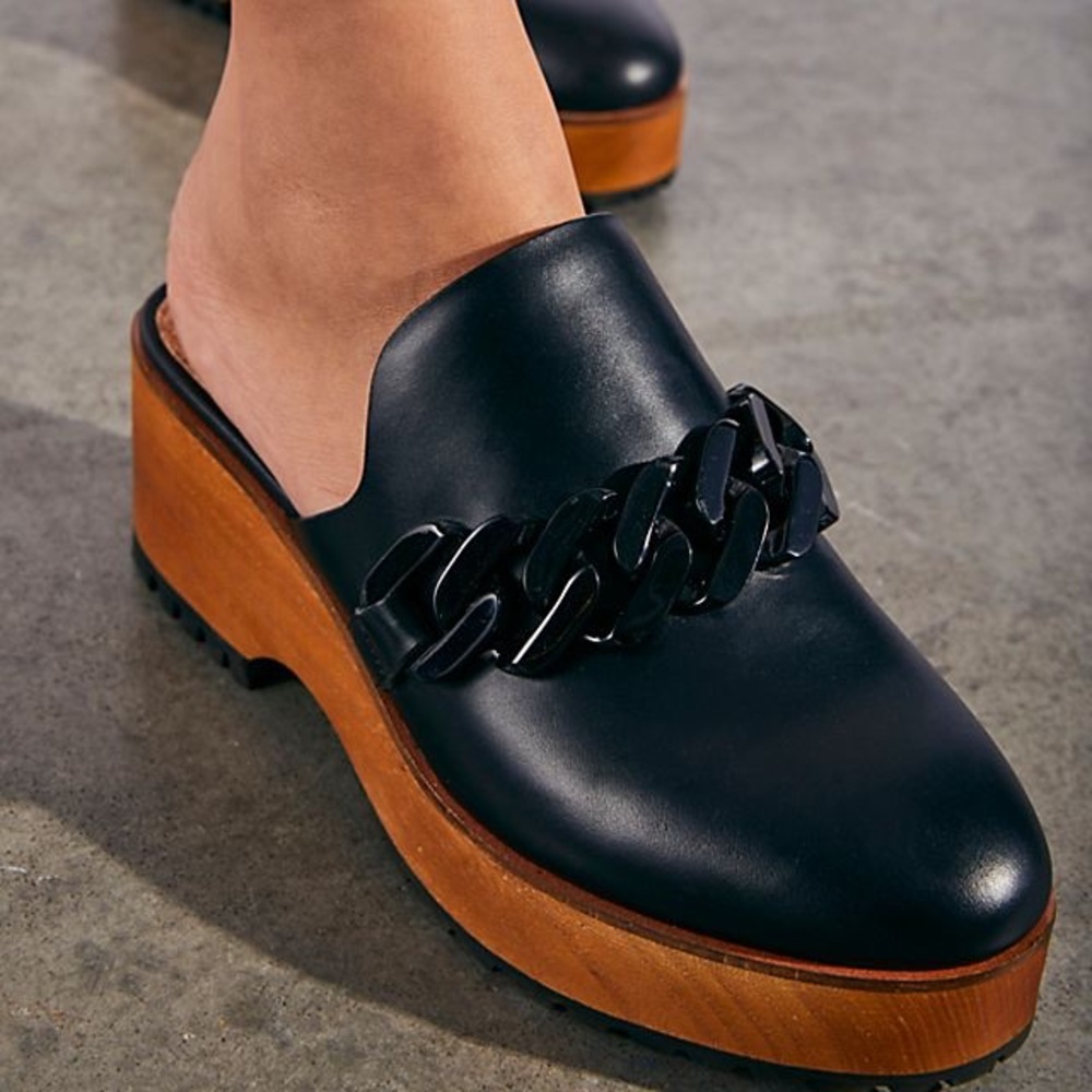 Kelsi Dagger Black Leather Chain-Accent Wood Platform Mules